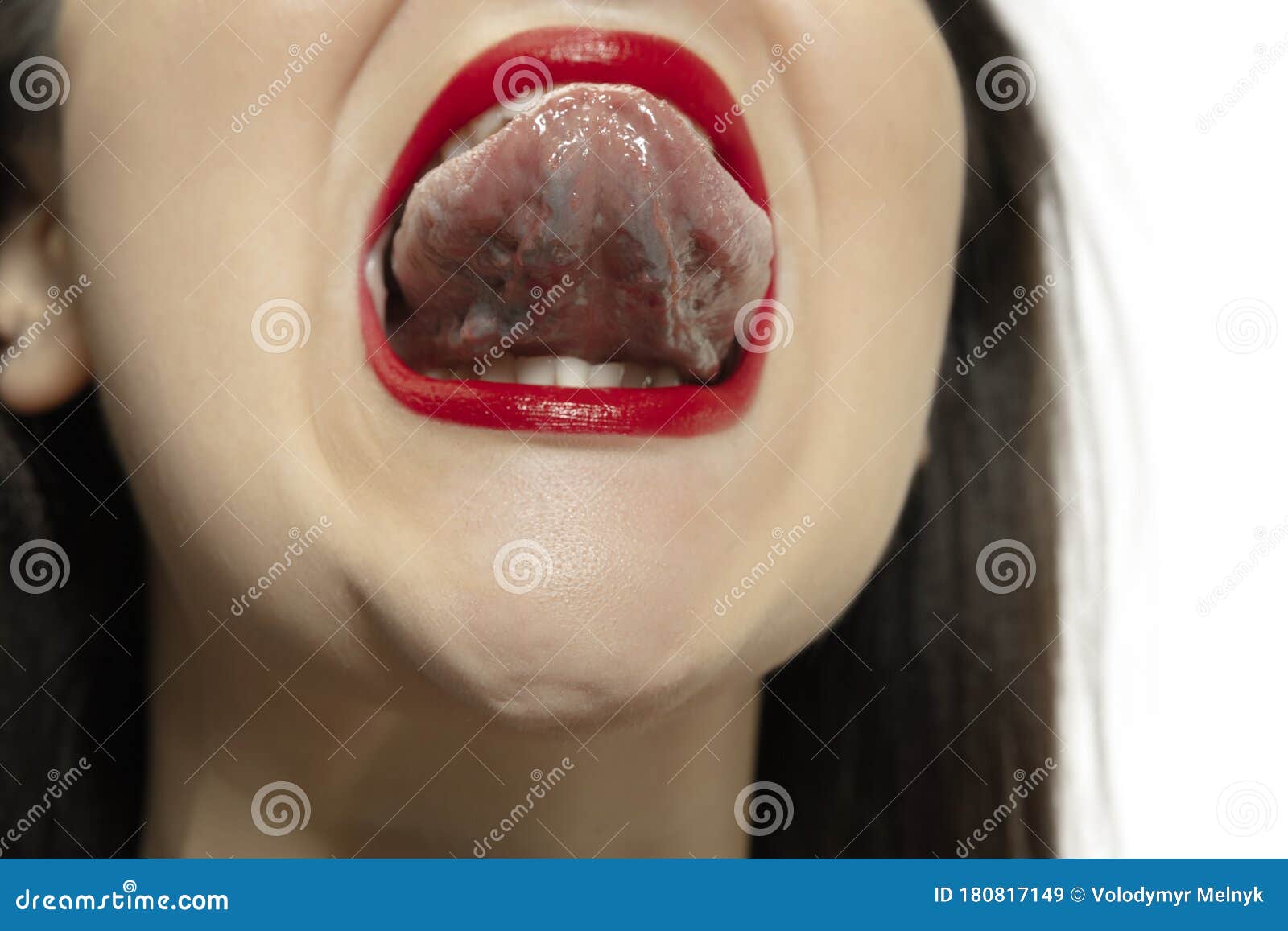 Smiling Girl Opening Her Mouth With Red Lips And Showing The Long Big Giant Tongue Isolated On