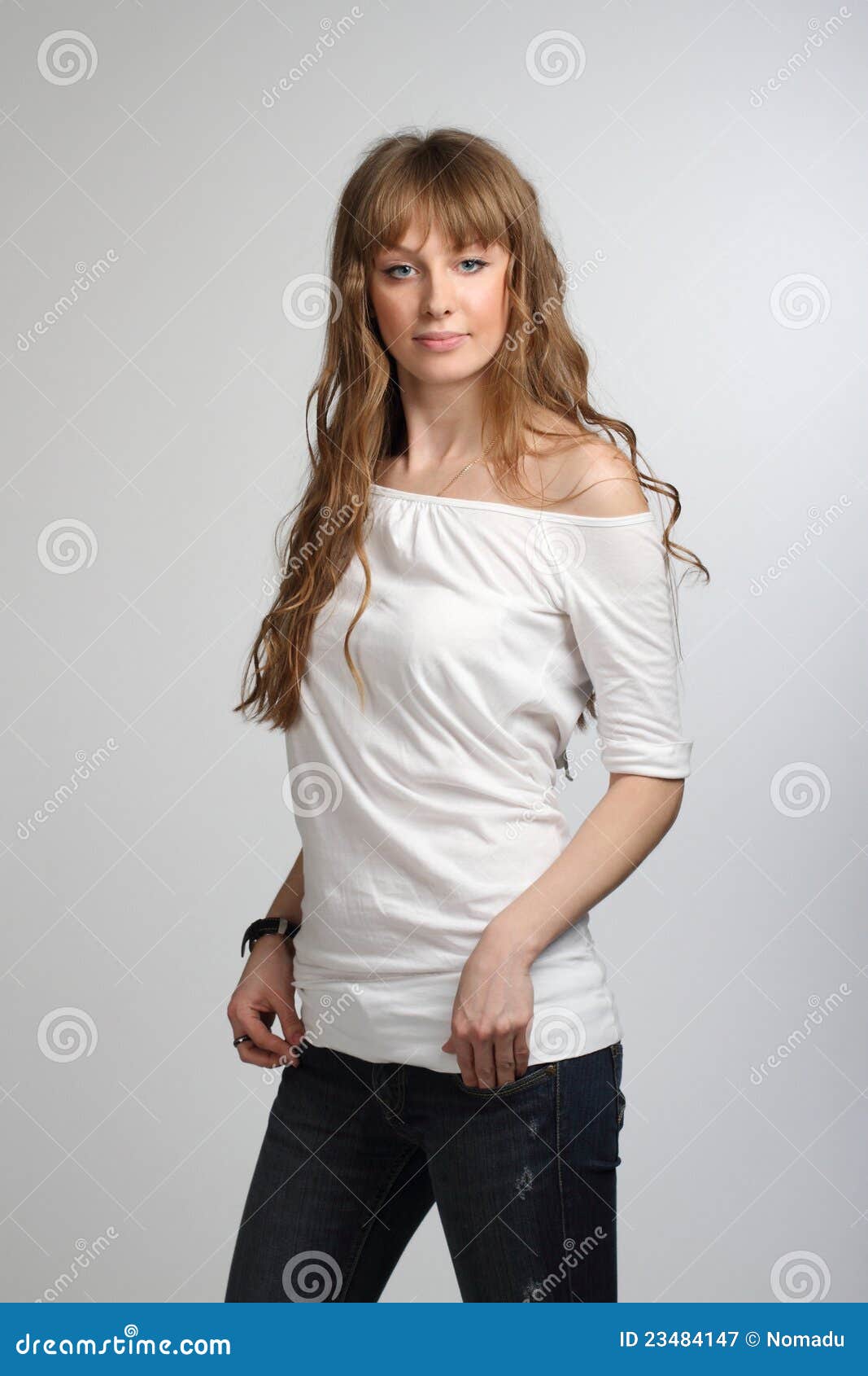 Smiling Girl Posing in White TShirt Stock Image Image of attractive