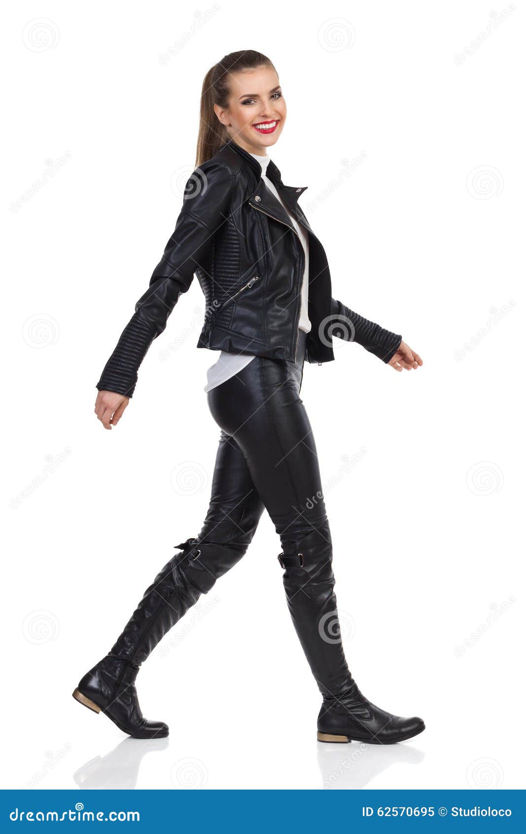 Smiling Girl Walking in Leather Clothes Stock Image - Image of female ...