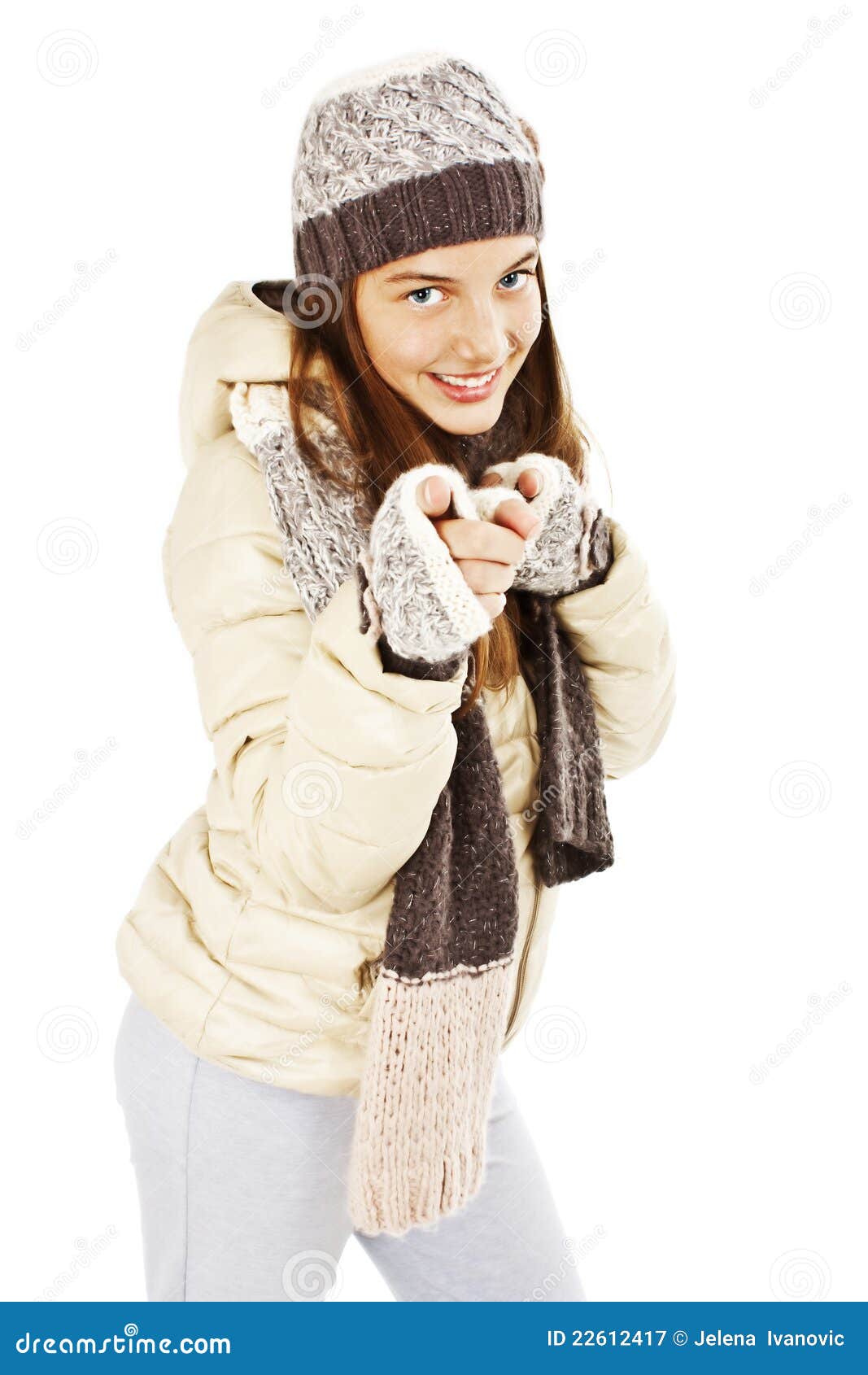 Smiling Girl in Winter Style, Pointing Her Finger Stock Image - Image ...