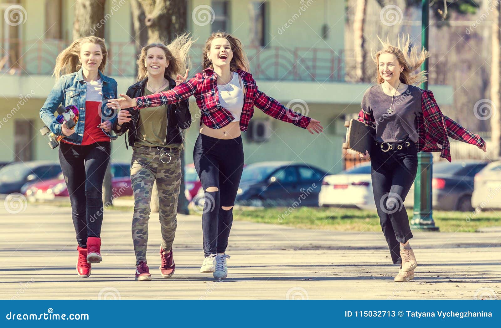 Smiling Girls Walking Down The Street And Having Fun Stock Image - Image of  joyful, college: 115032713