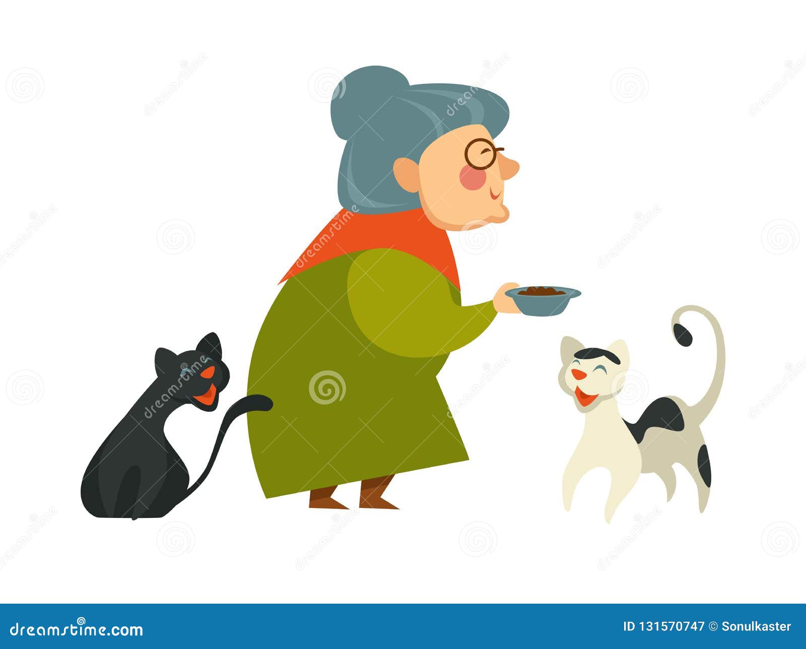 Smiling Granny Holding a Bowl with Food for Her Two Cats Stock Vector ...