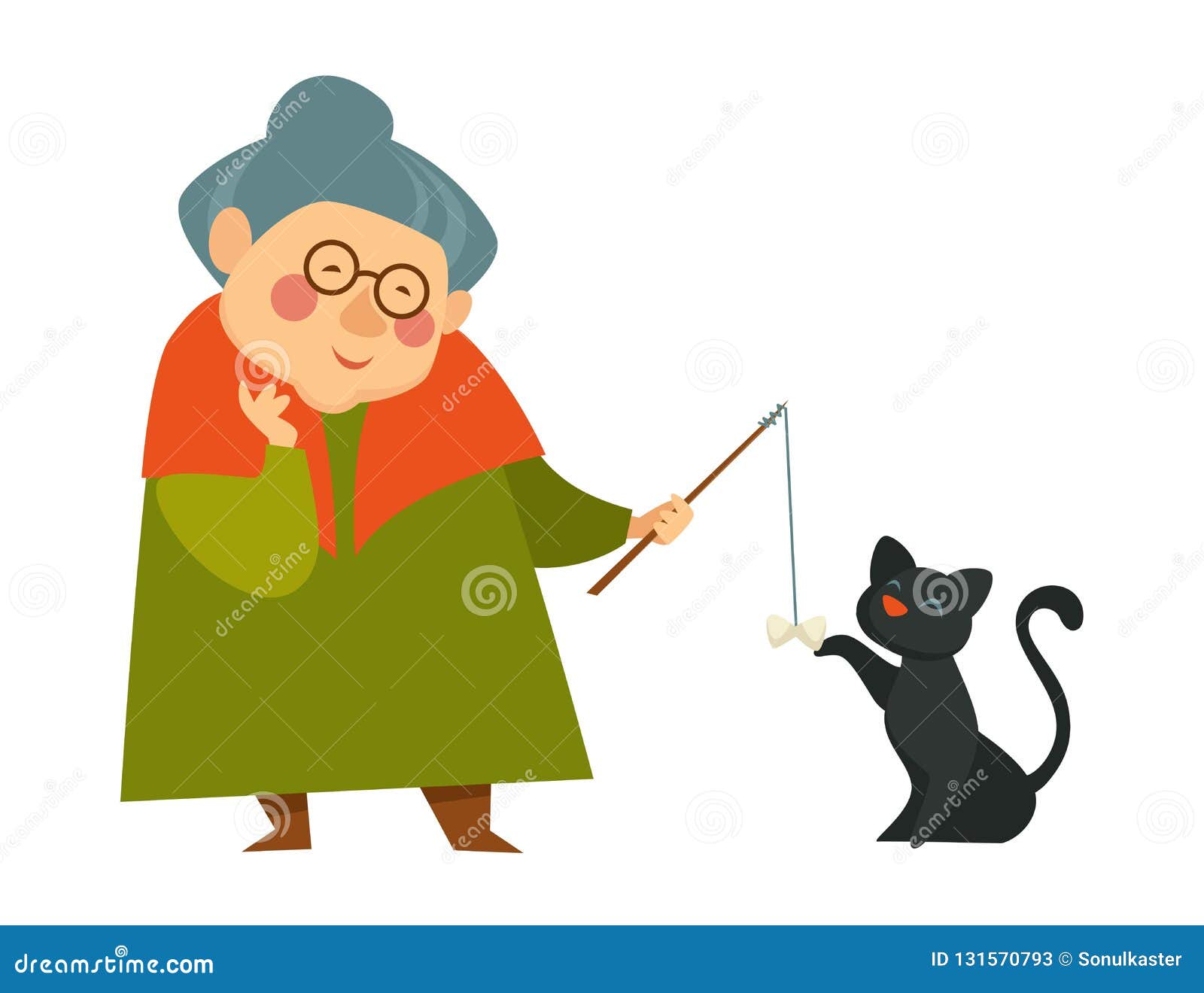 Smiling Granny, Old Lady Playing with Her Black Cat Stock Vector ...