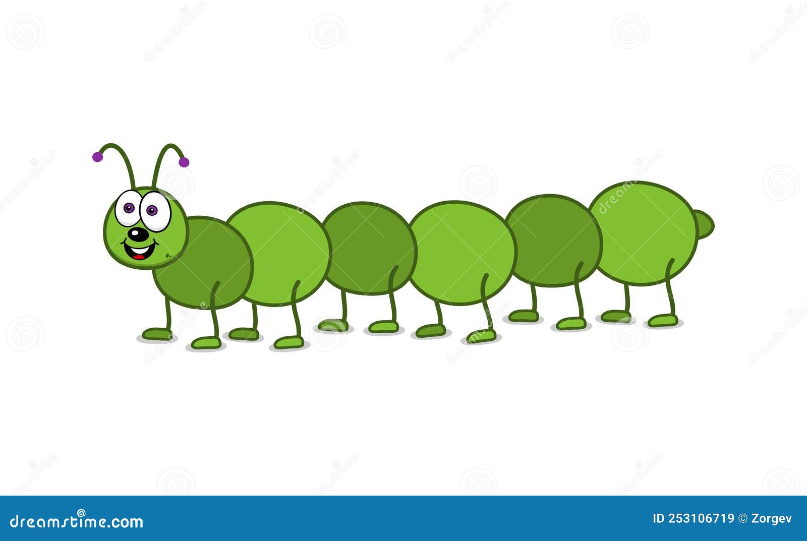 Smiling Green Caterpillar with Shadow Under Paws on White Background