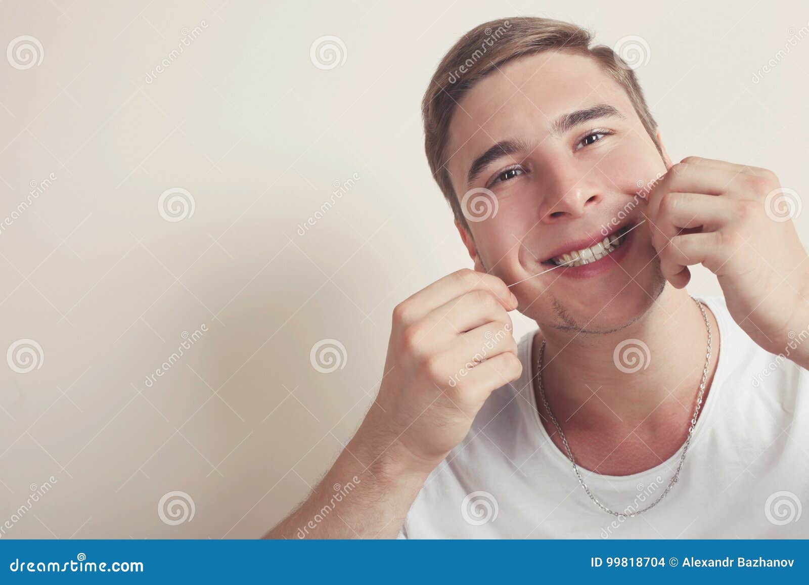 Guy is Brushing His Teeth with a Dental Floss Stock Photo Image of