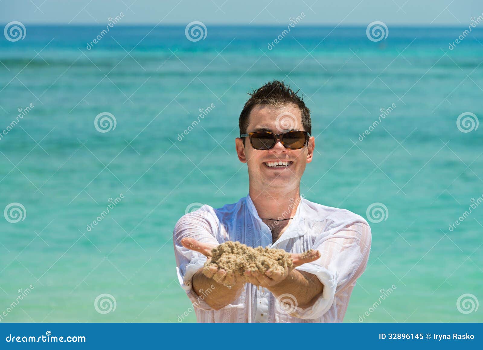 Smiling Happy Man on Sandy Beach Stock Image - Image of hand, caucasian ...