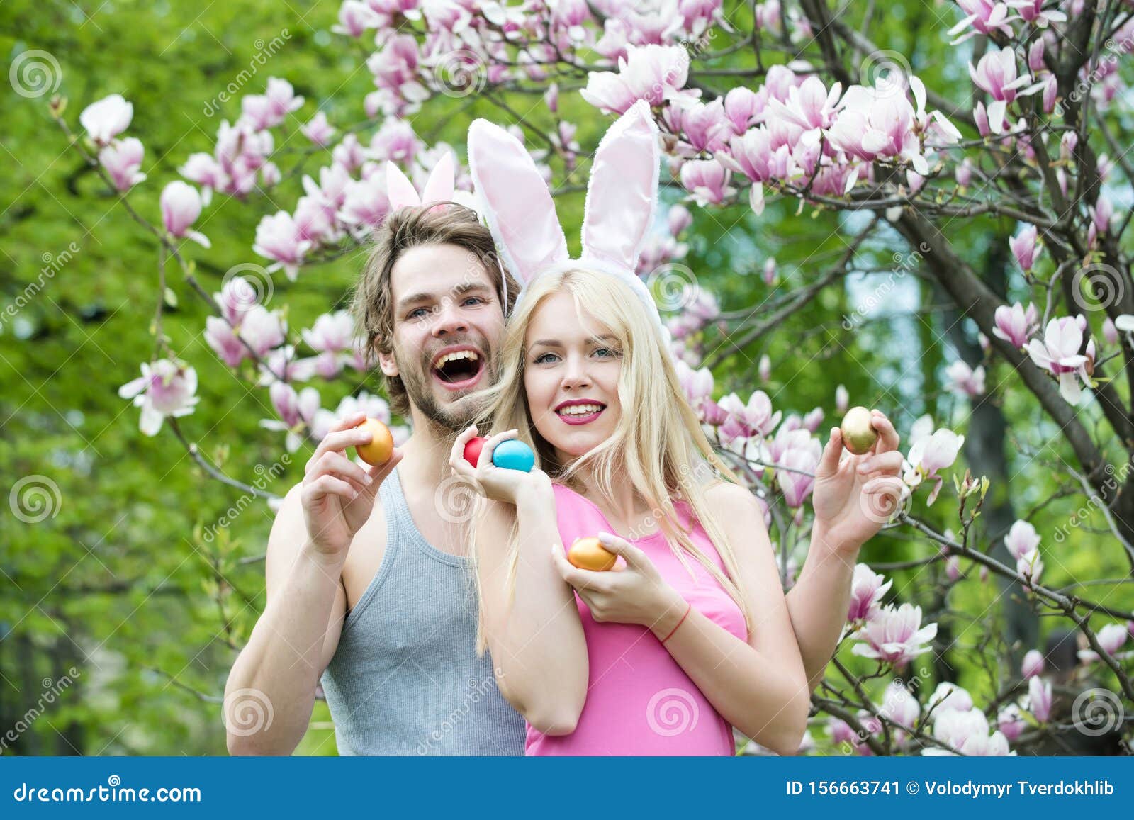 Smiling Happy Spring Couple with Easter Eggs Stock Image Image of
