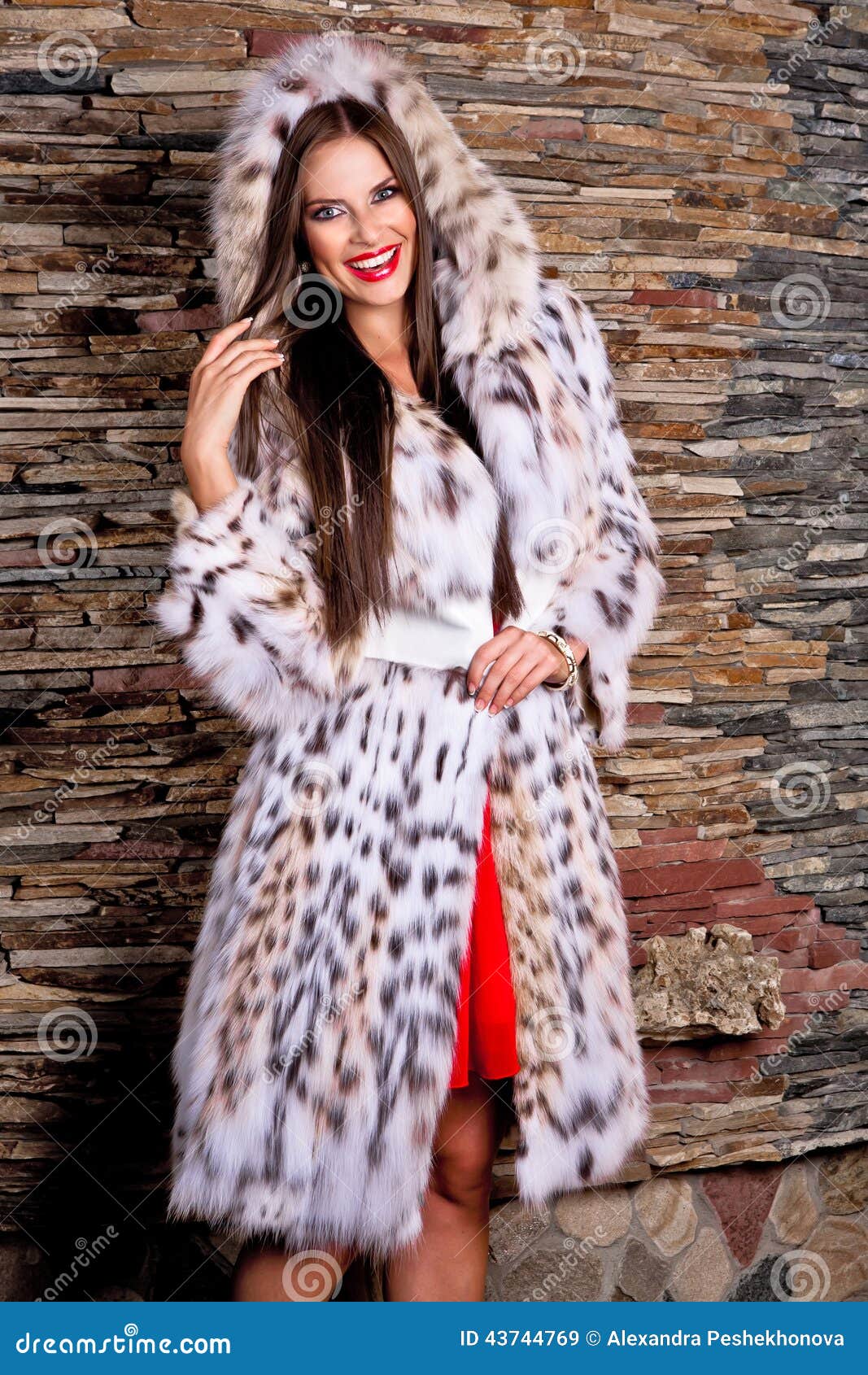 Smiling Happy Woman in Luxury Lynx Fur Coat Stock Image - Image of hood ...