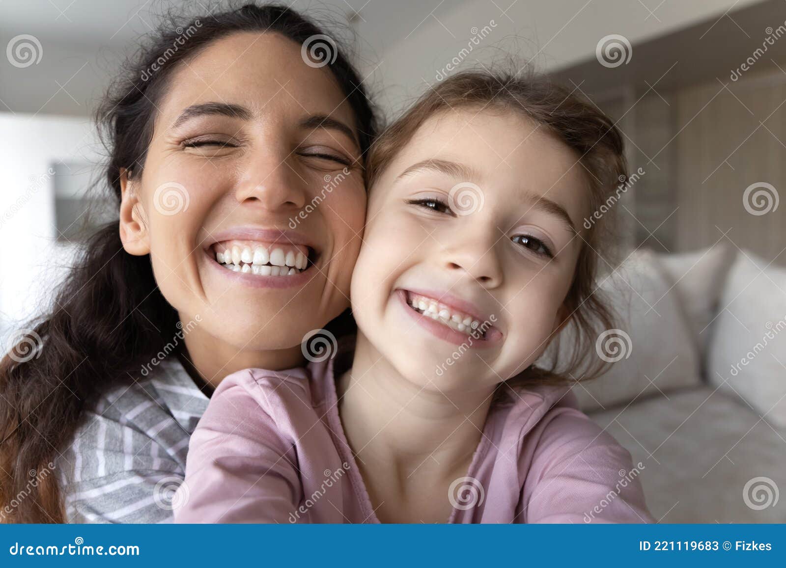 Smiling Hispanic Mom And Daughter Make Selfie Together Stock Image Image Of Adult Adoption 