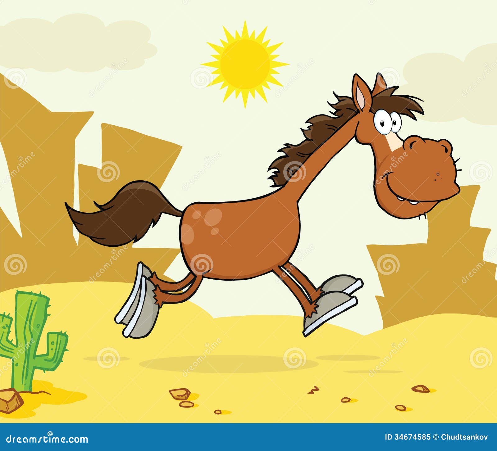 smiling horse cartoon character running over weste western landscape illustration isolated white 34674585