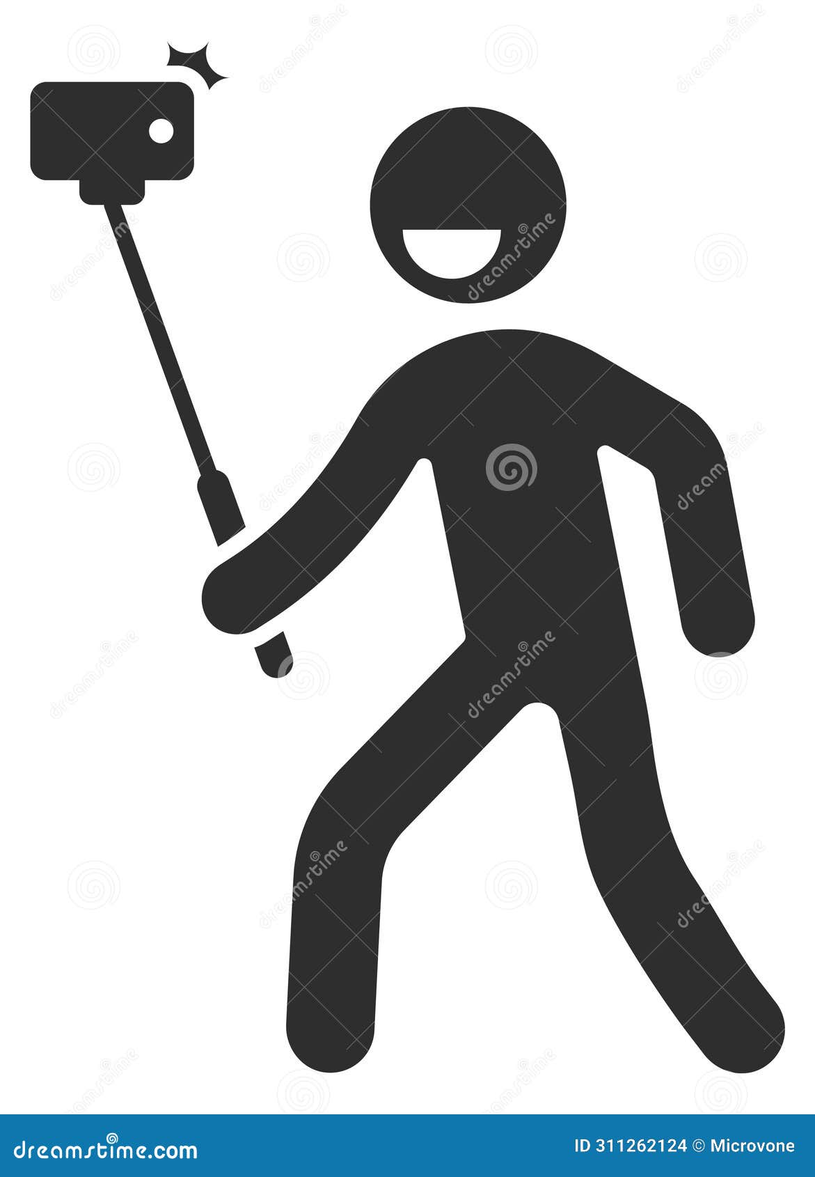 smiling human with selfies stick. black figure icon