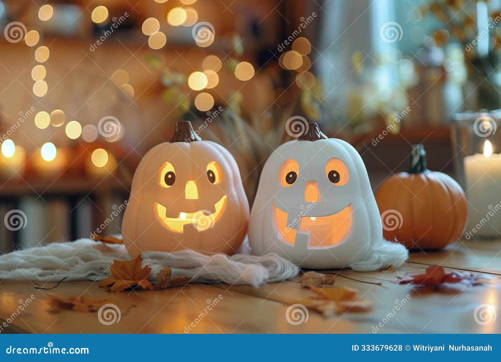 smiling jack-o-lanterns on a wooden table