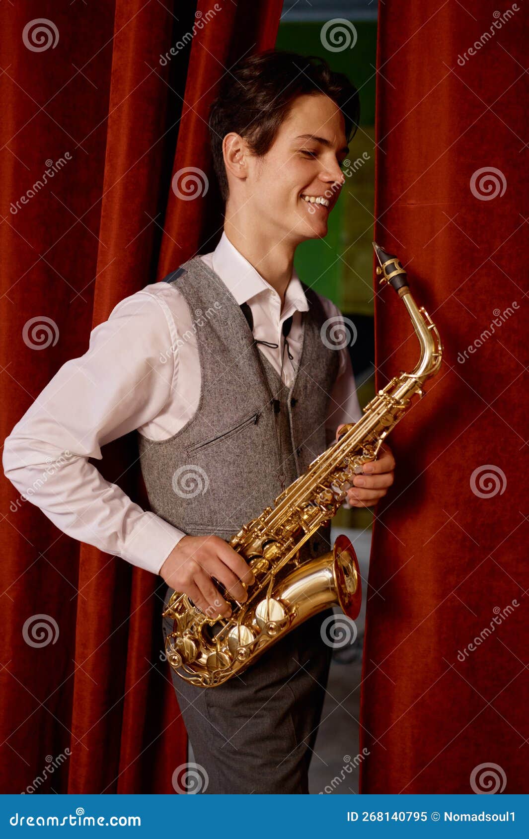 Smiling Jazz Saxophone Player Training before Performance Stock Image