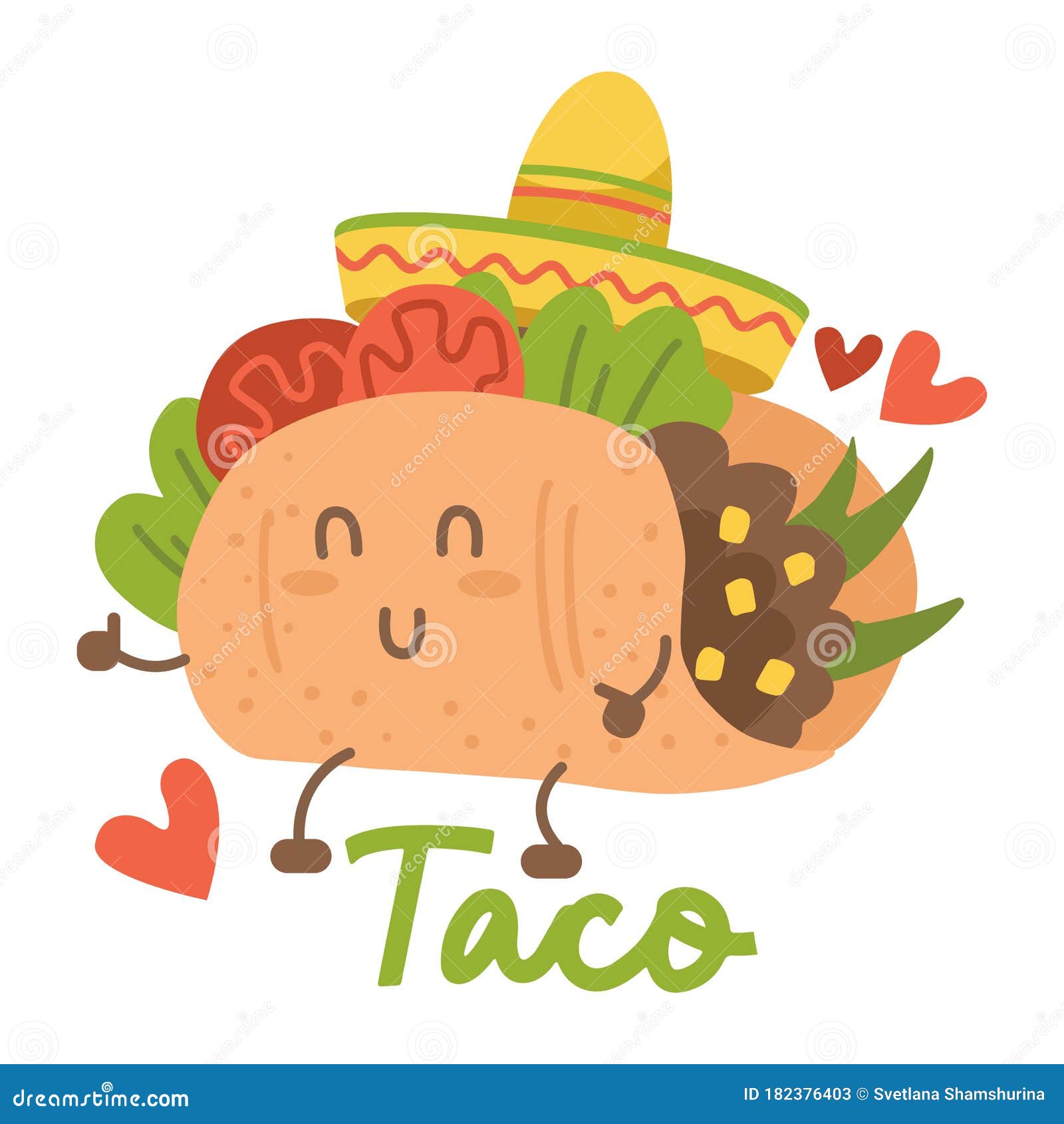 Smiling Kawaii Eyed Taco Dancing Mexican Sombrero Hat. Cartoon Vector  Illustration Isolated on White Background. Humanized Mexican Stock  Illustration - Illustration of mouth, cuisine: 182376403