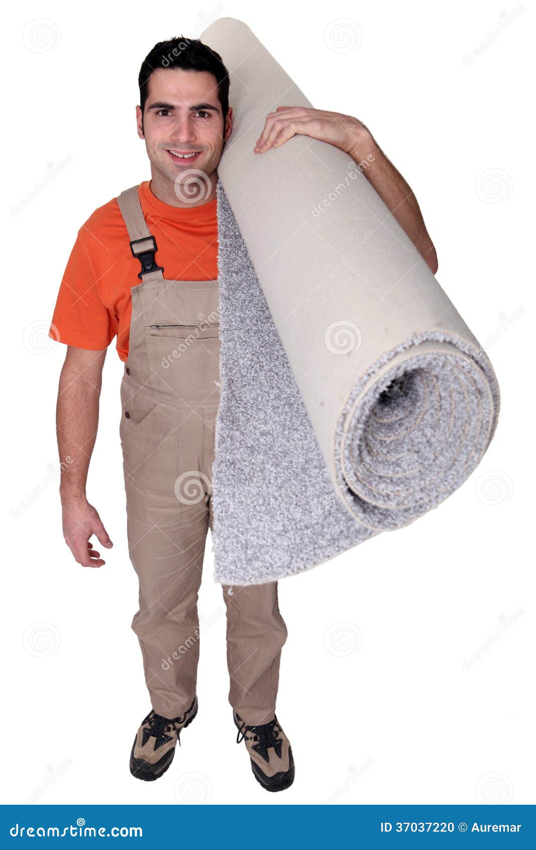Smiling Laborer Carrying Carpet Stock Photo Image of isolated, white
