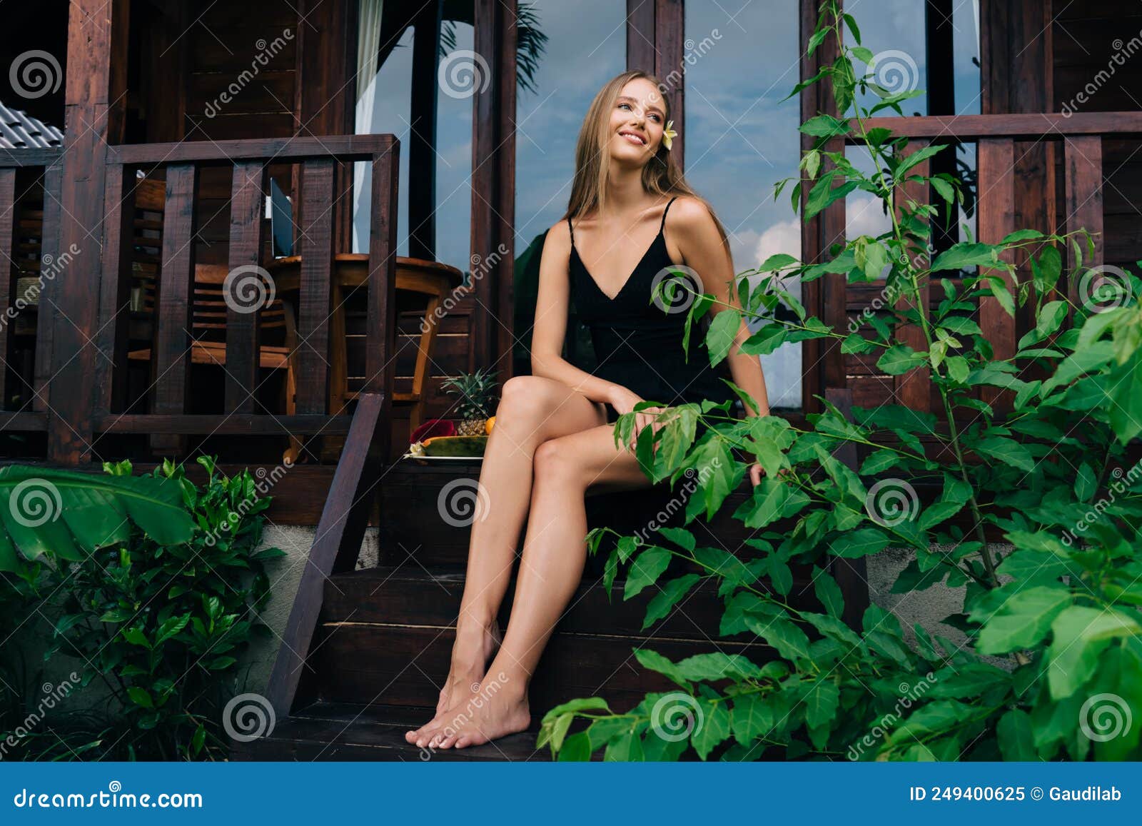 Smiling Lady Chilling On Steps Of Wooden House Stock Image Image Of