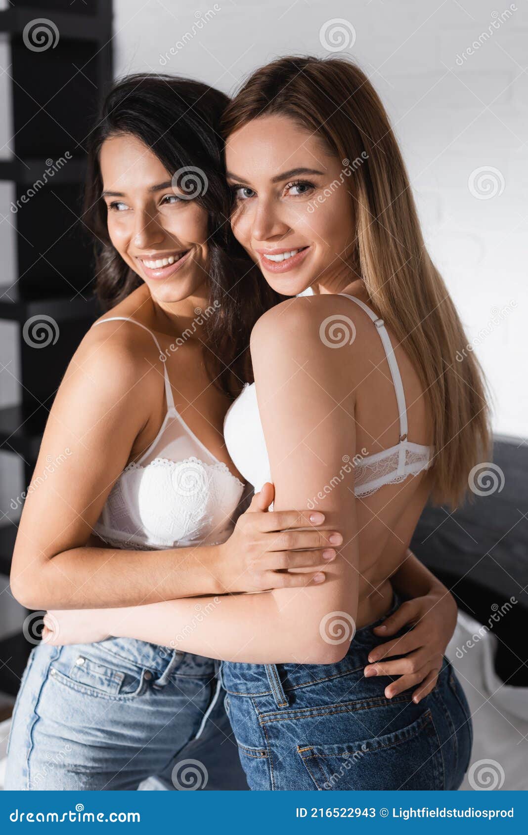 Smiling Lesbian Couple in White Bras Stock Image - Image of denim, emotion:  216522943