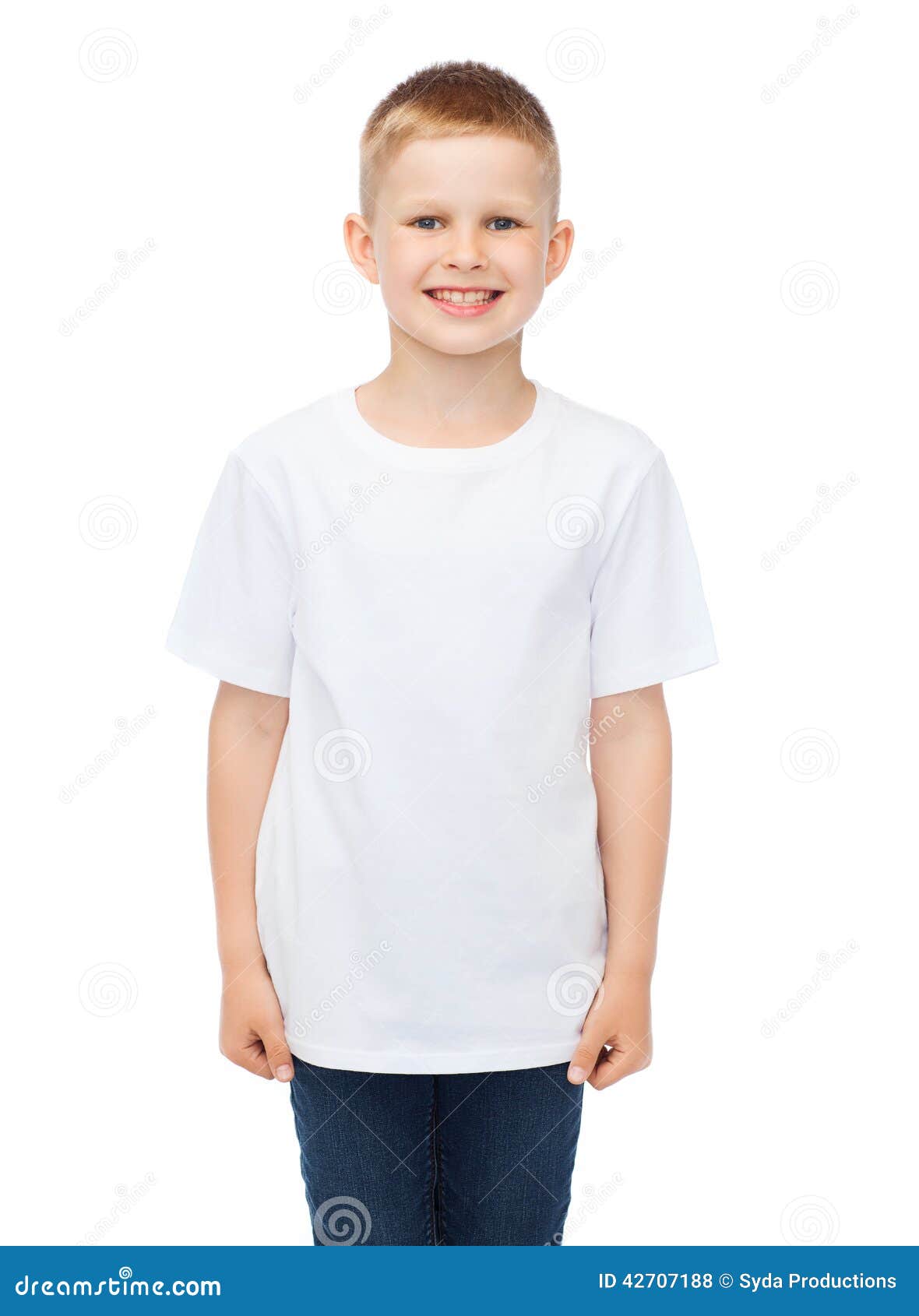 Smiling Little Boy in White Blank T-shirt Stock Photo - Image of ...