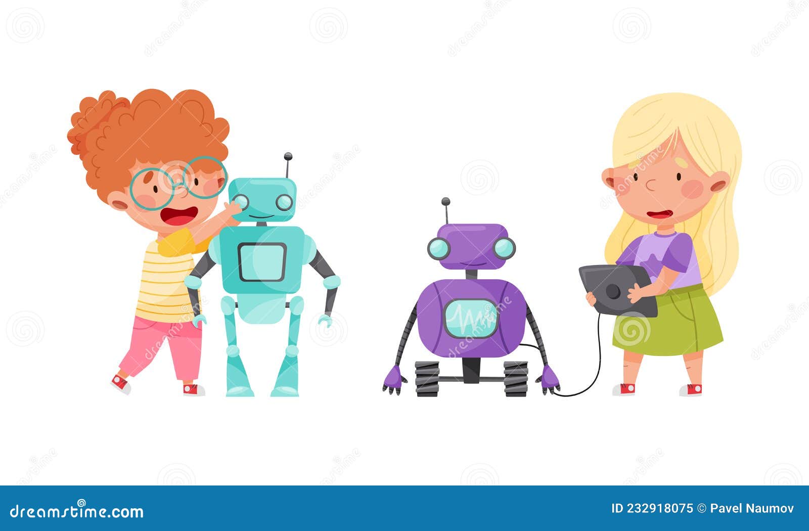 Smiling Little Girl Engineering and Configurating Robot Vector Set