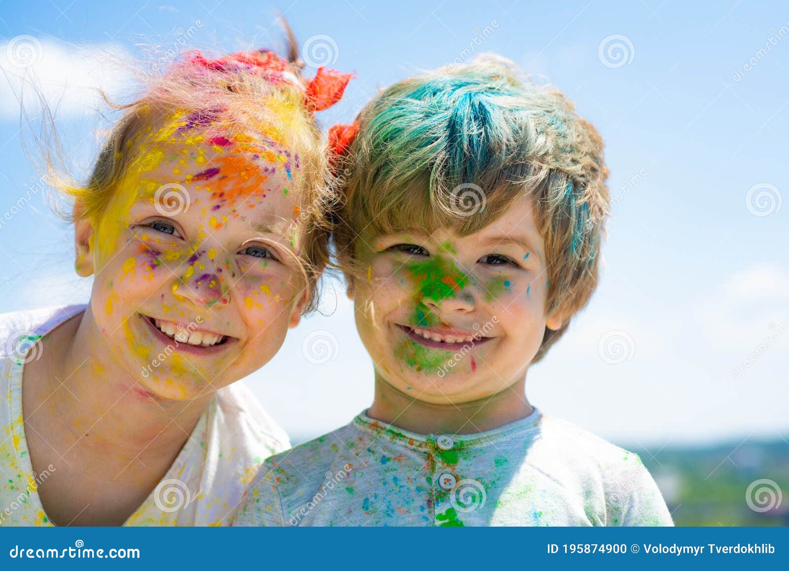 Smiling Little Kids Portrait. Painted Faces of Funny Kids. Children Holi  Festival of Colors Stock Photo - Image of colorful, funny: 195874900