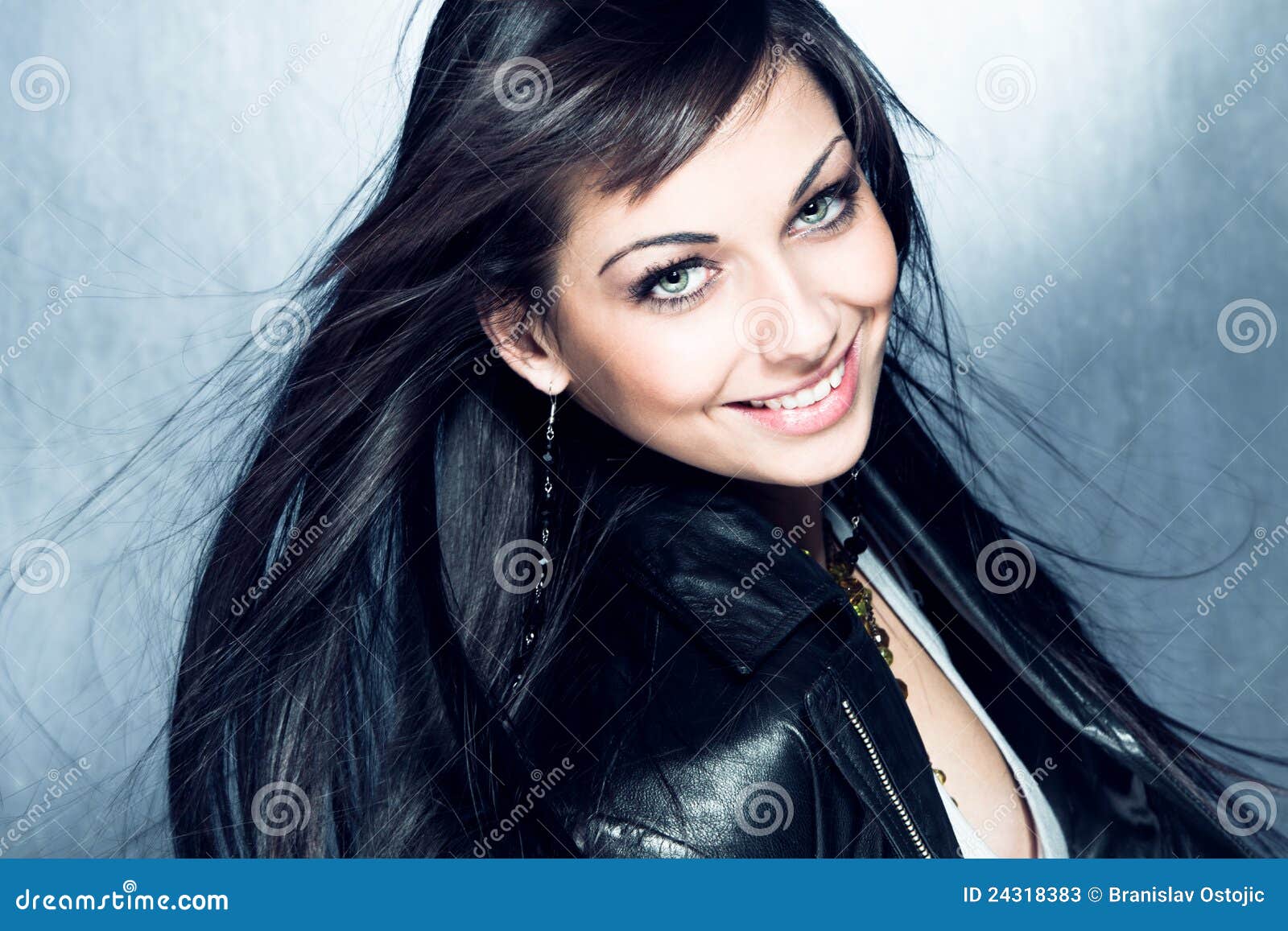 Smiling Long Black Hair Girl With Blue Eyes Stock Image Image Of