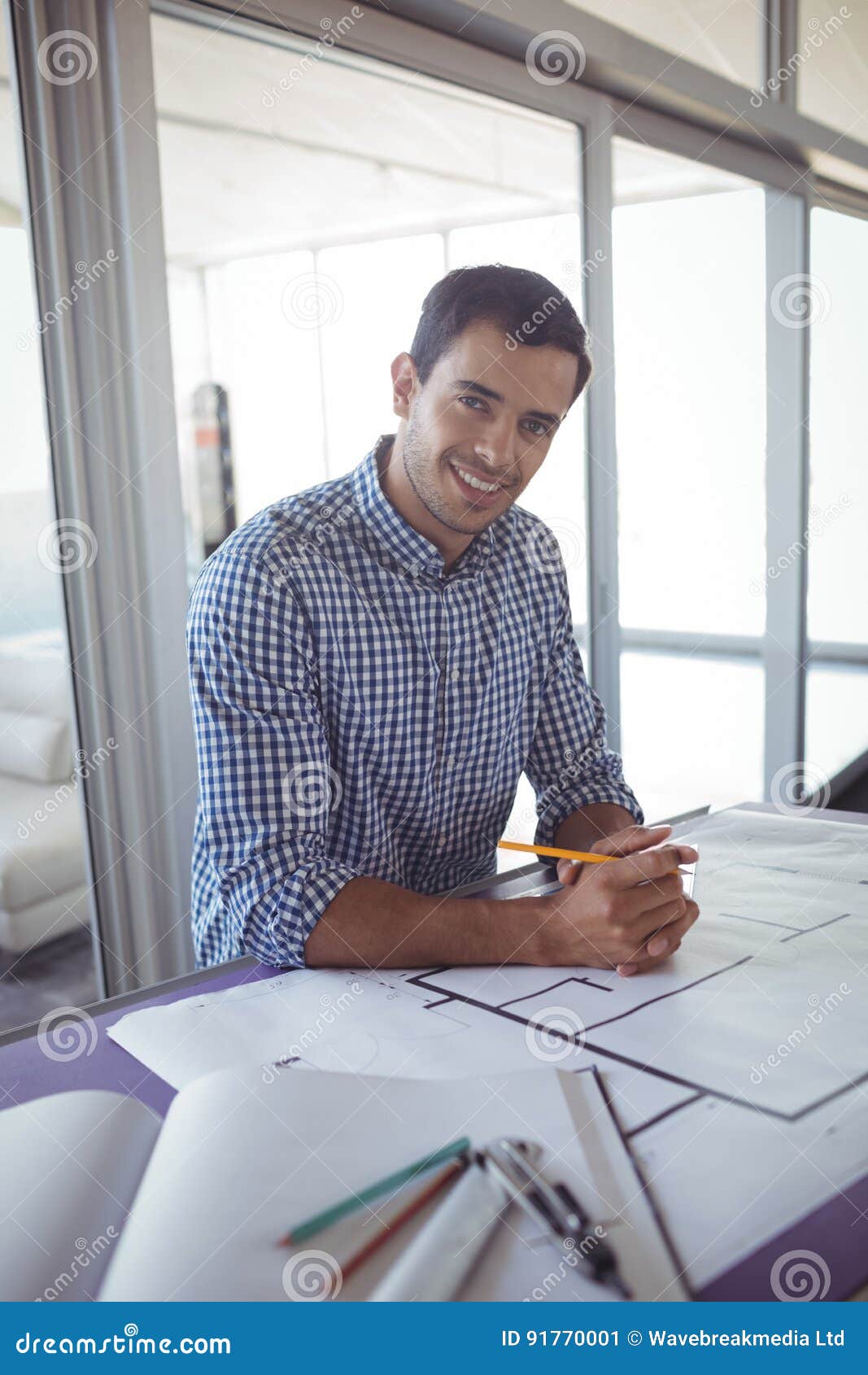 Smiling Male Interior Designer Working in Office Stock Image Image of