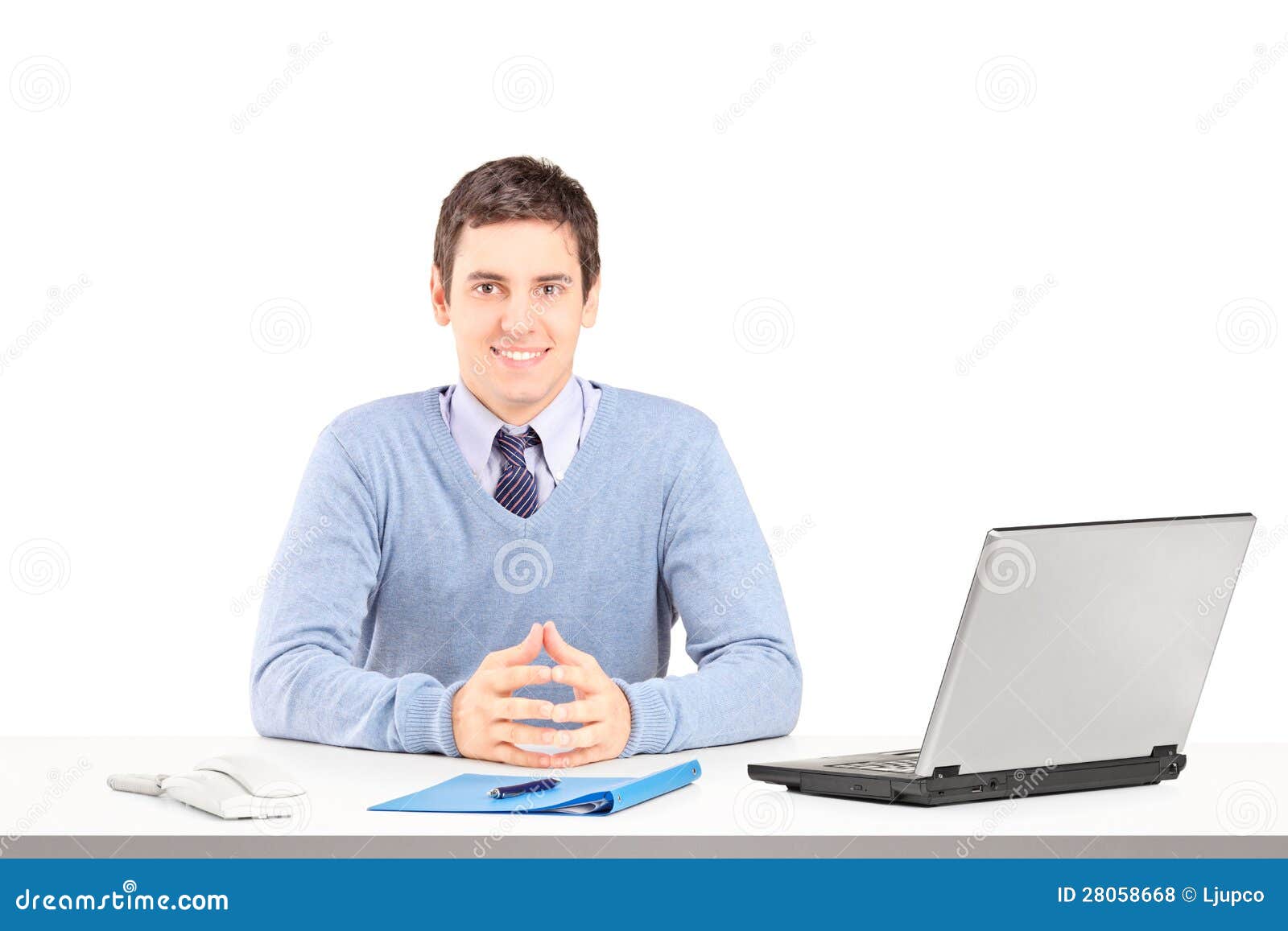 smiling male posing desk laptop other office staff 28058668