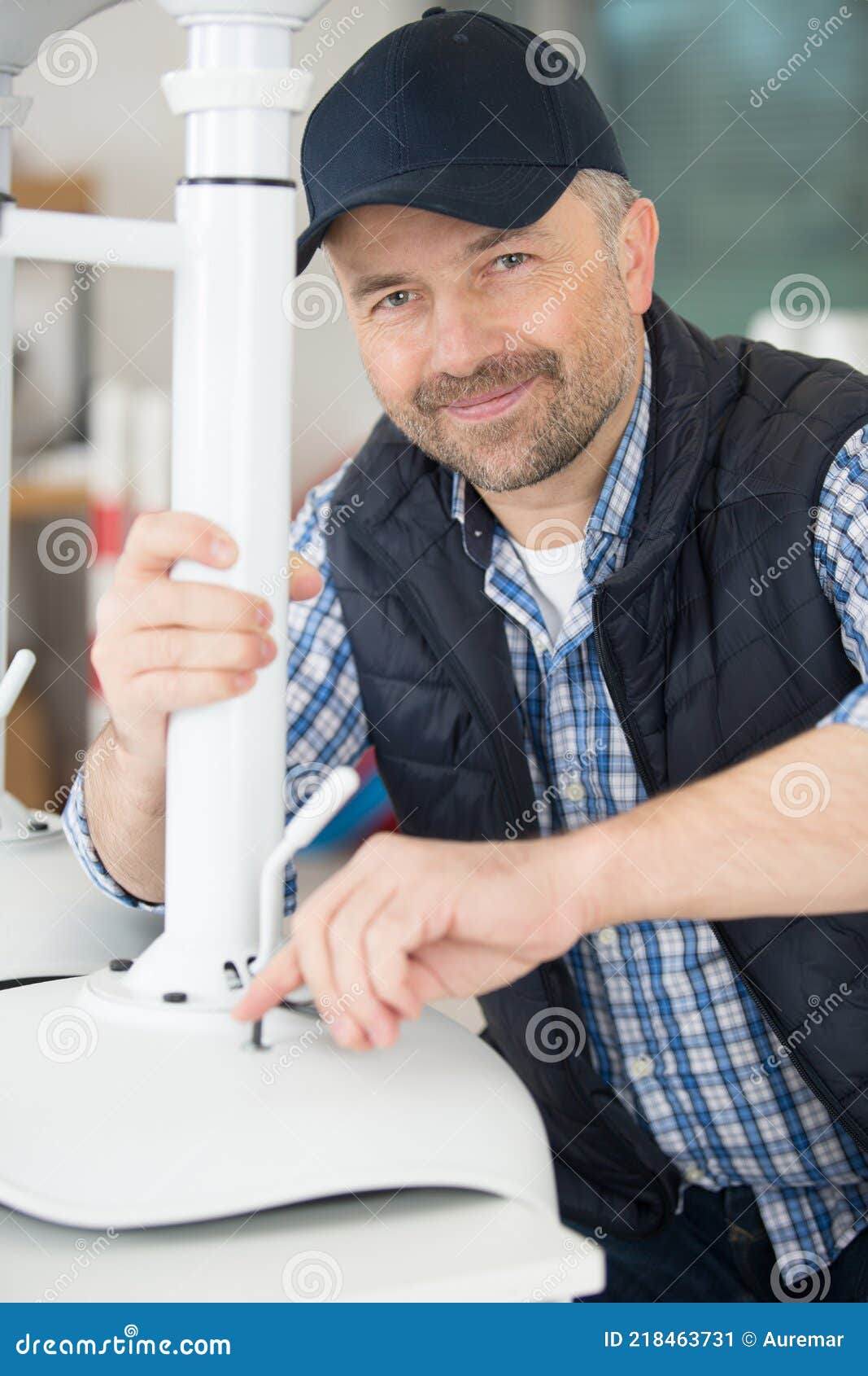Smiling Man Assembling Office Stool Stock Image Image of adjustable