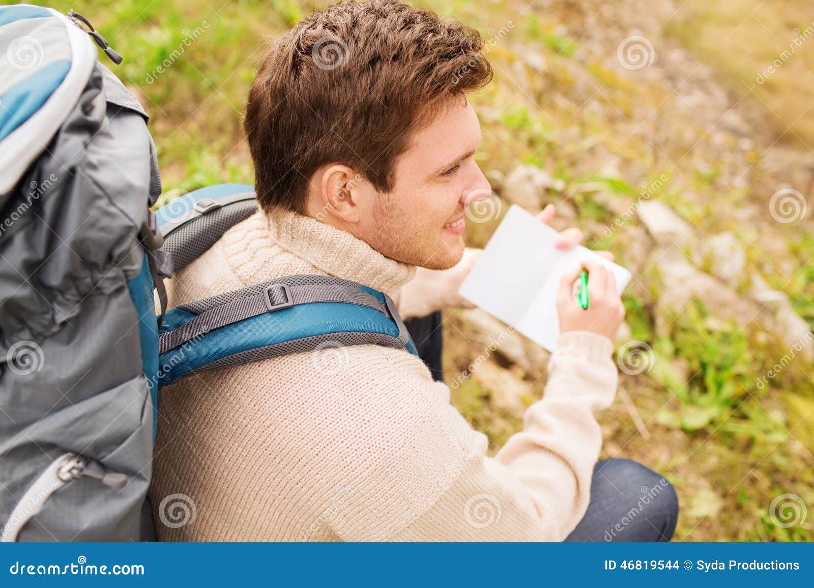 Smiling Man with Backpack Hiking Stock Photo - Image of hiking, leisure ...