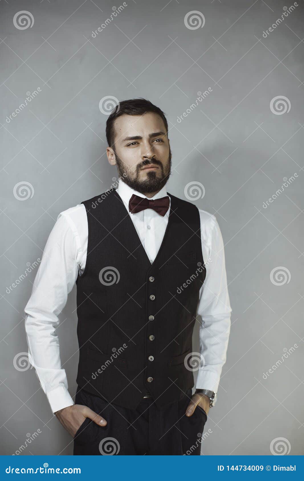 Smiling Man in Black Vest and Bow Tie Stock Image - Image of black ...