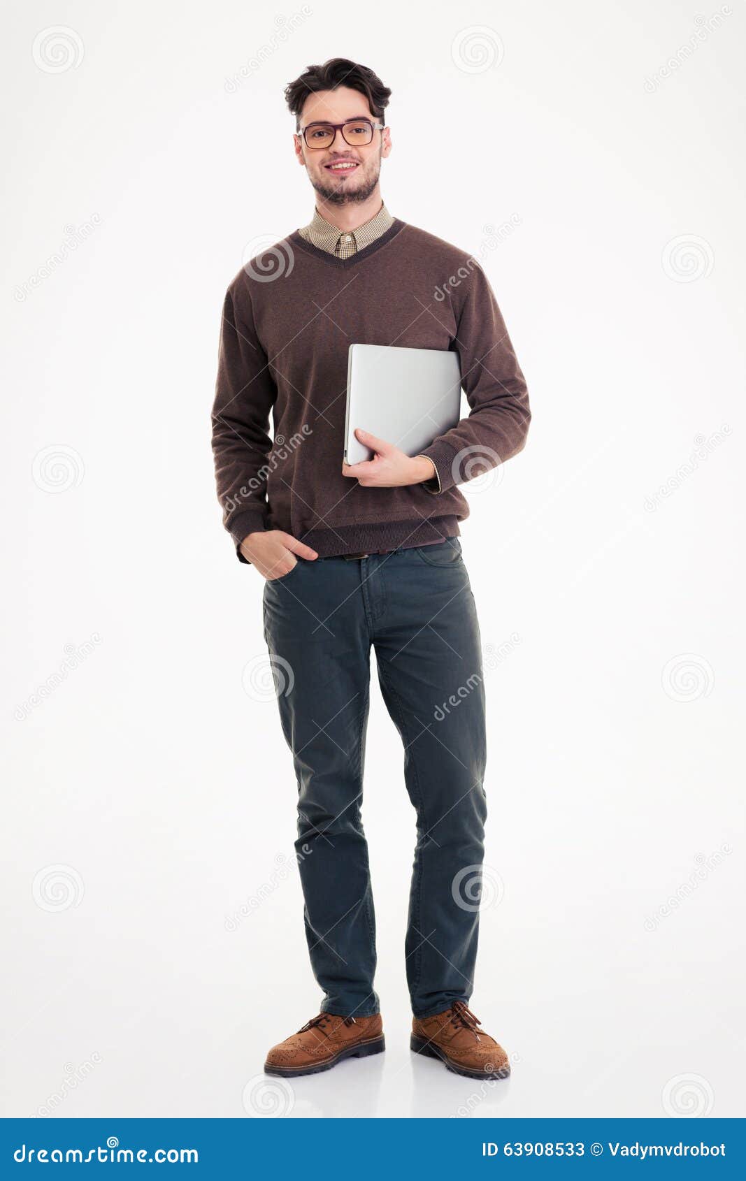 Smiling Man Holding Laptop Computer and Looking at Camera Stock Image ...
