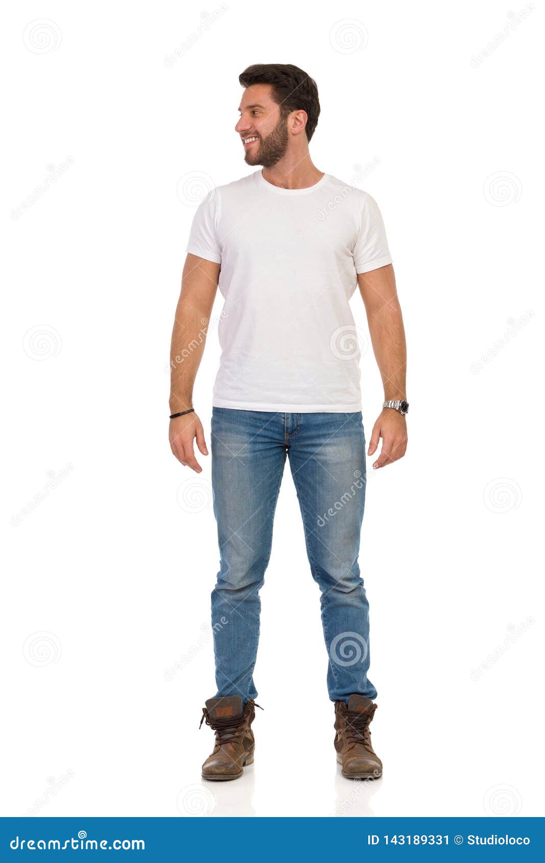 Smiling Man in Jeans and White T-shirt is Standing and Looking Away. Front  View Stock Image - Image of jeans, full: 143189331