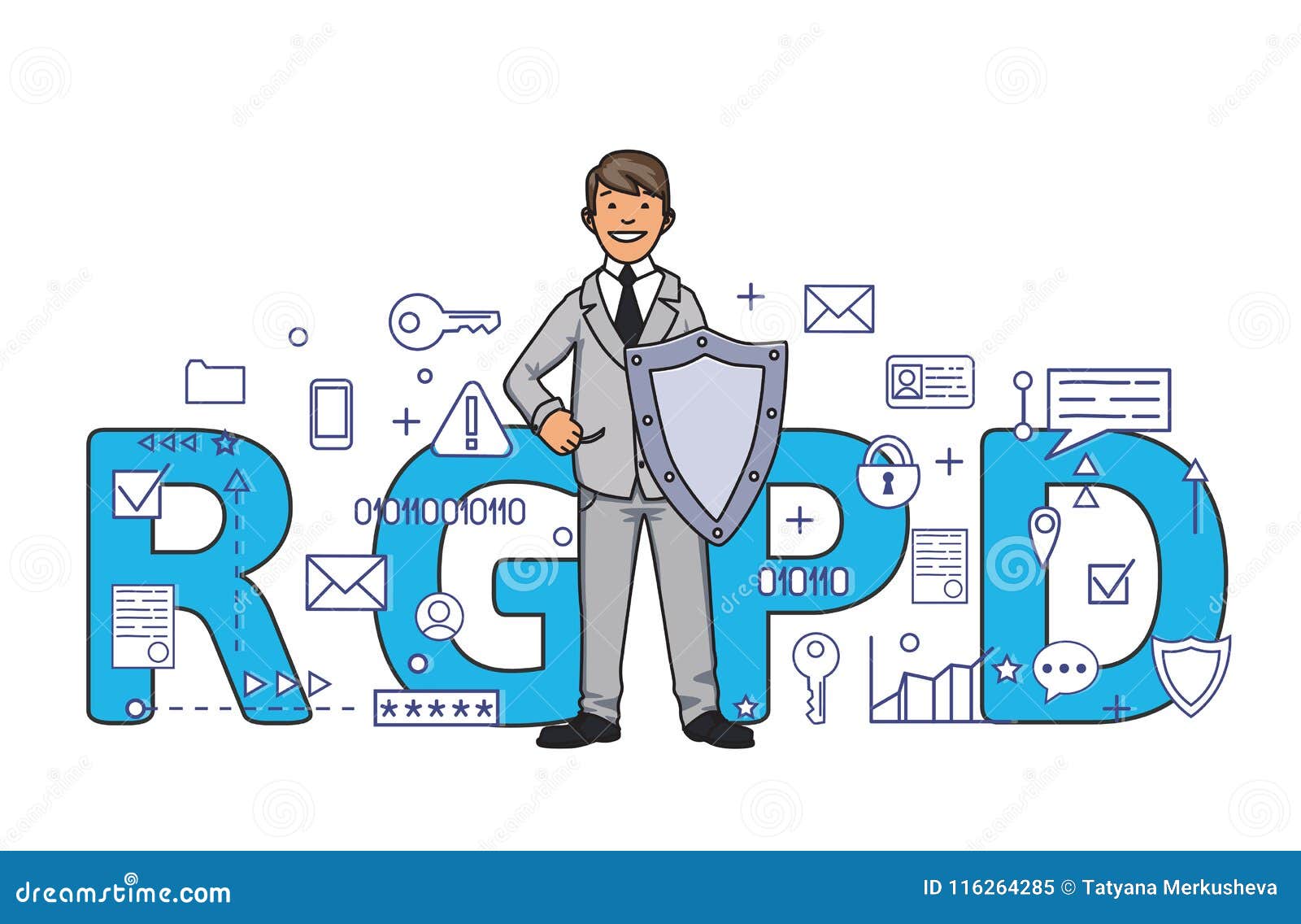 smiling man with a shield among digital and internet s in front of rgpd letters. general data protection
