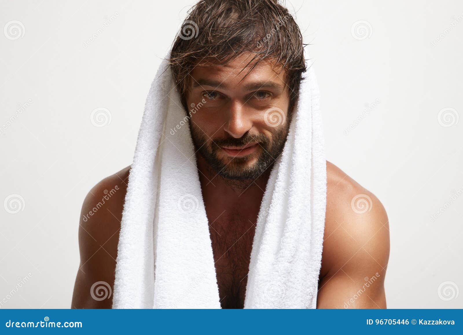 Smiling Man with a Towel after Bath Stock Photo Image of hair