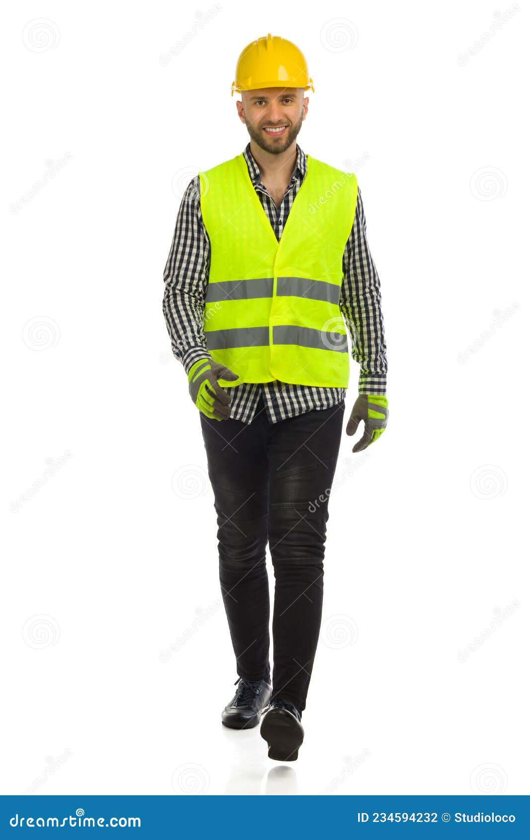 Smiling Man is Walking in Hardhat, Reflective Vest and Gloves. Front ...