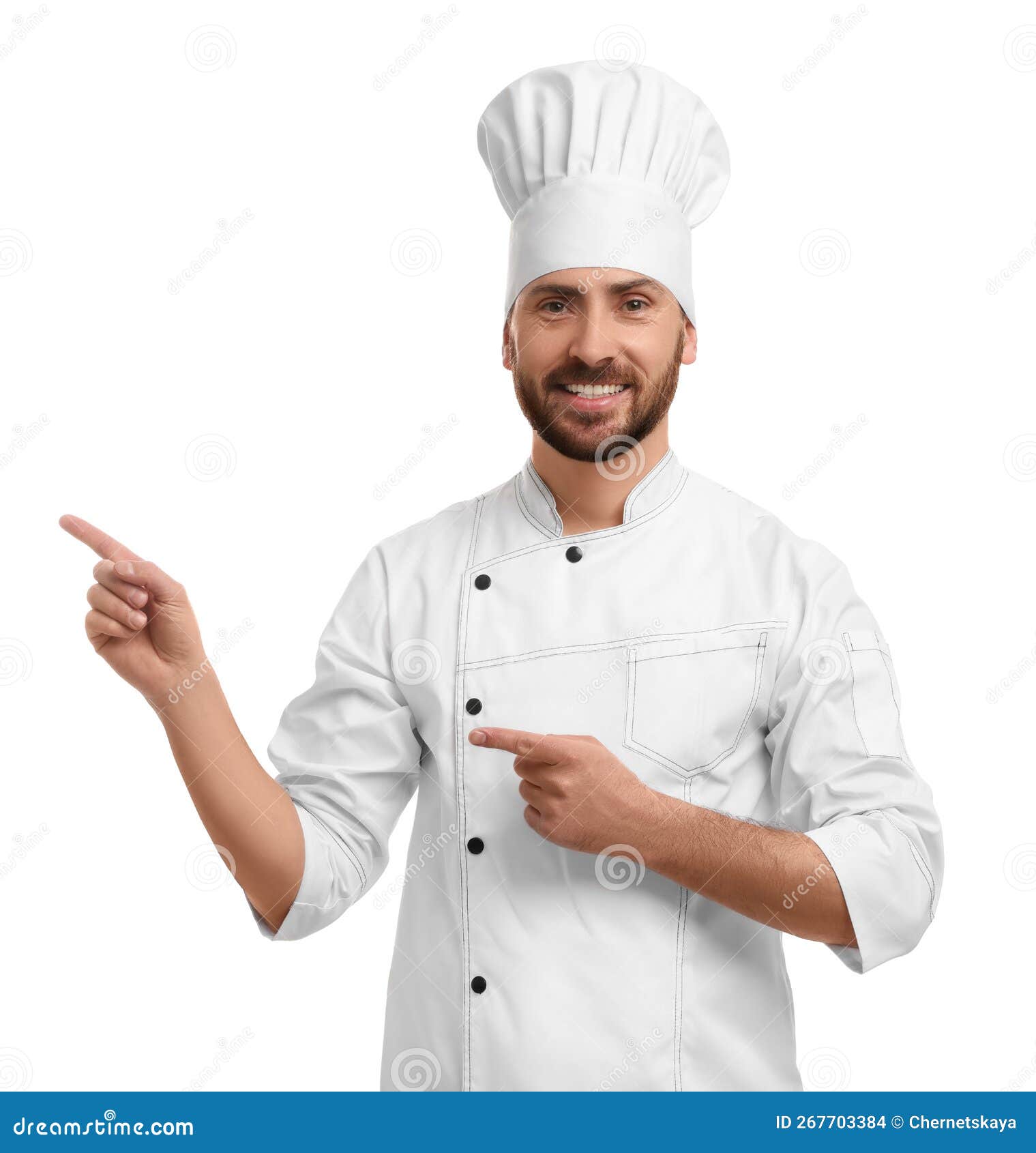 Smiling Mature Male Chef Pointing at Something on White Background
