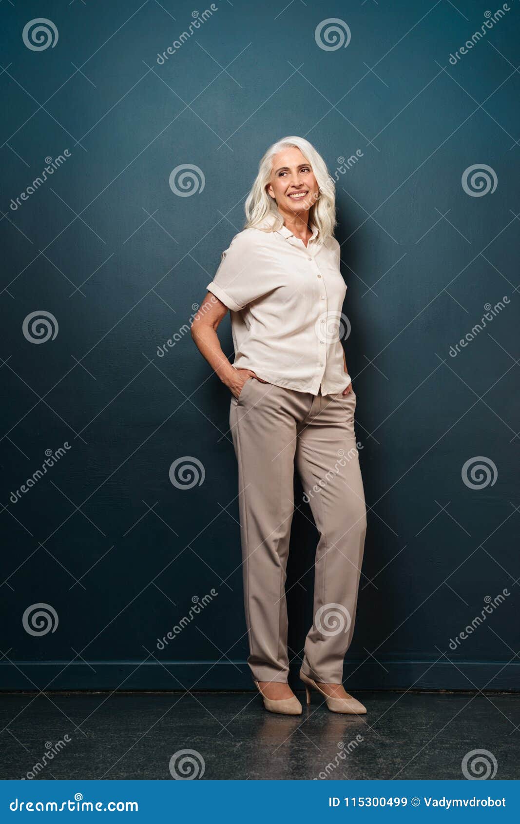 Smiling Mature Old Woman Standing Isolated Stock Image - Image of care