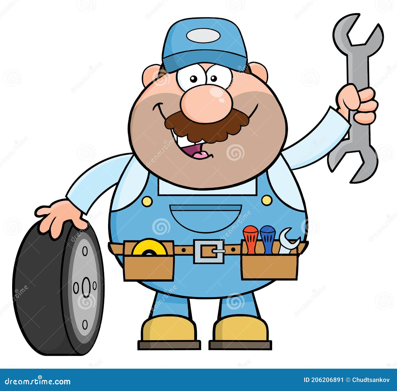 Smiling Mechanic Cartoon Character with Tire and Huge Wrench Stock  Illustration - Illustration of improvement, maintenance: 206206891