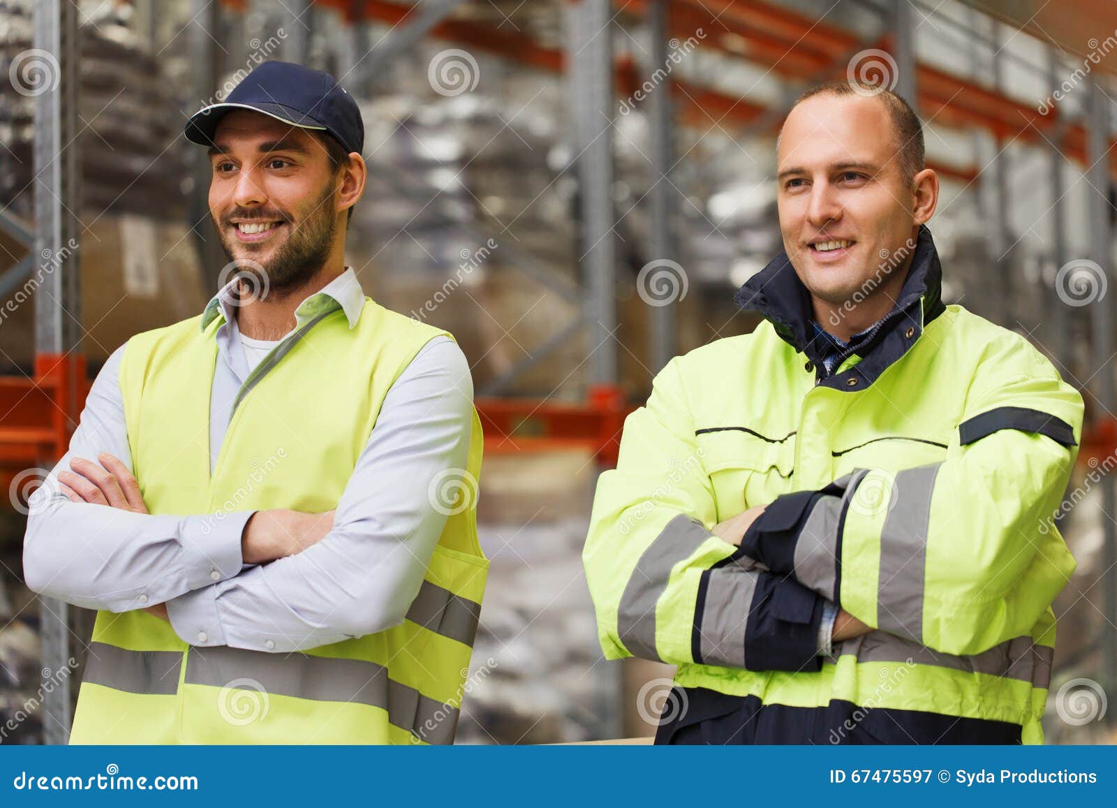 Smiling Men in Reflective Uniform at Warehouse Stock Image - Image of