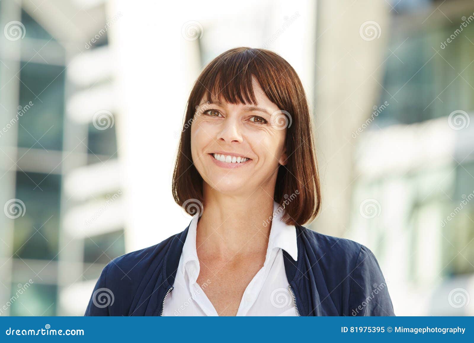 Smiling Middle Aged Woman Standing Outside Stock Image Image Of