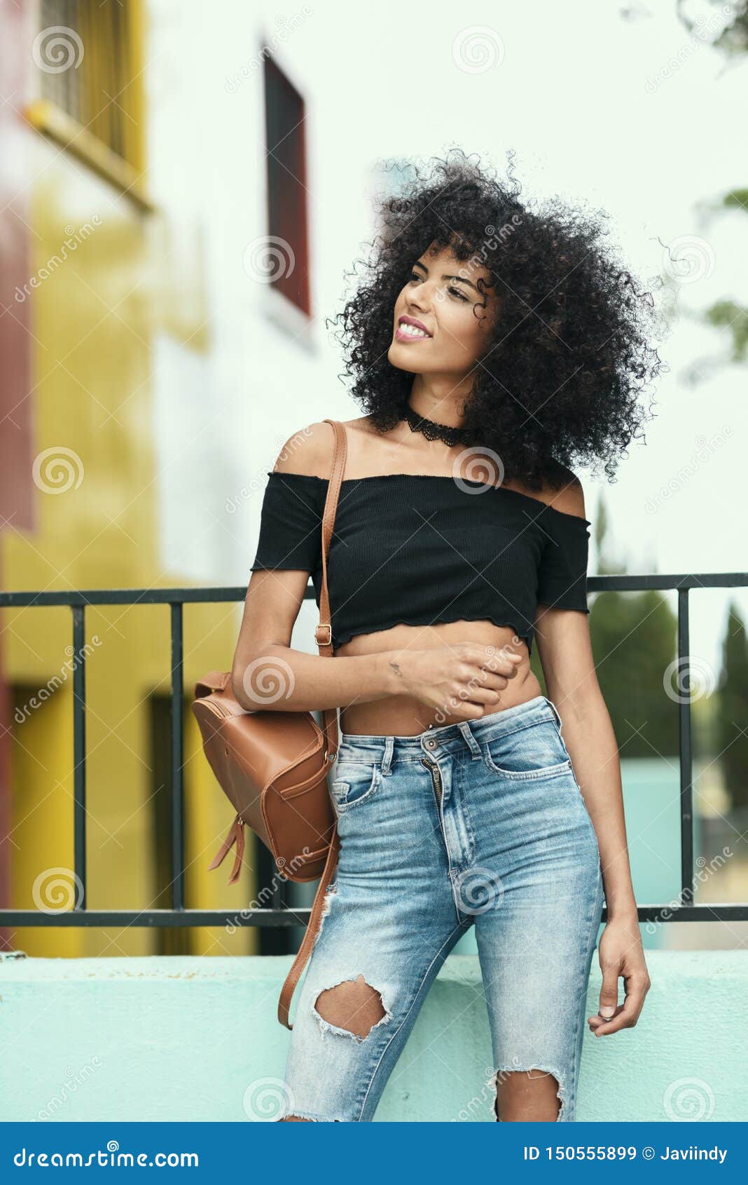 Smiling Mixed Woman with Afro Hair Standing on the Street Stock Image ...