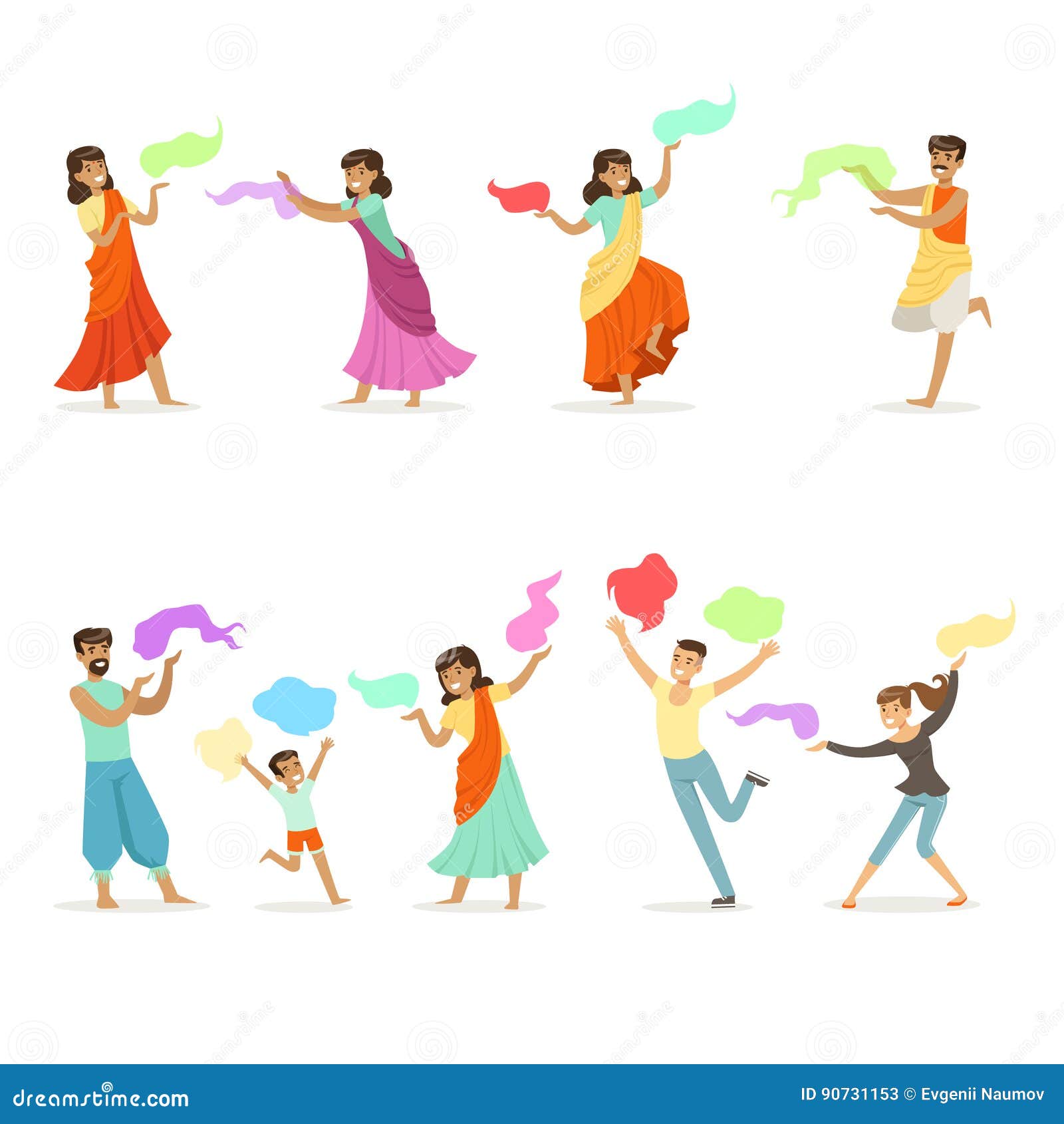 Smiling People Dancing In National Indian Costumes Set For Label Design