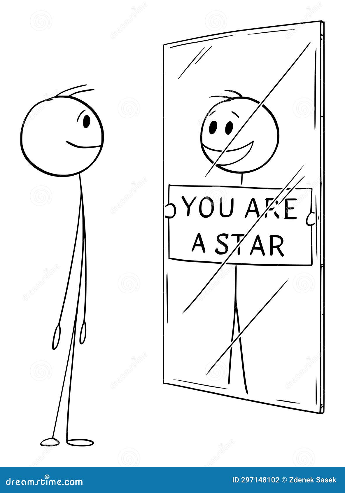 Happy Person Looking at Yourself in Mirror, Vector Cartoon Stick Figure ...