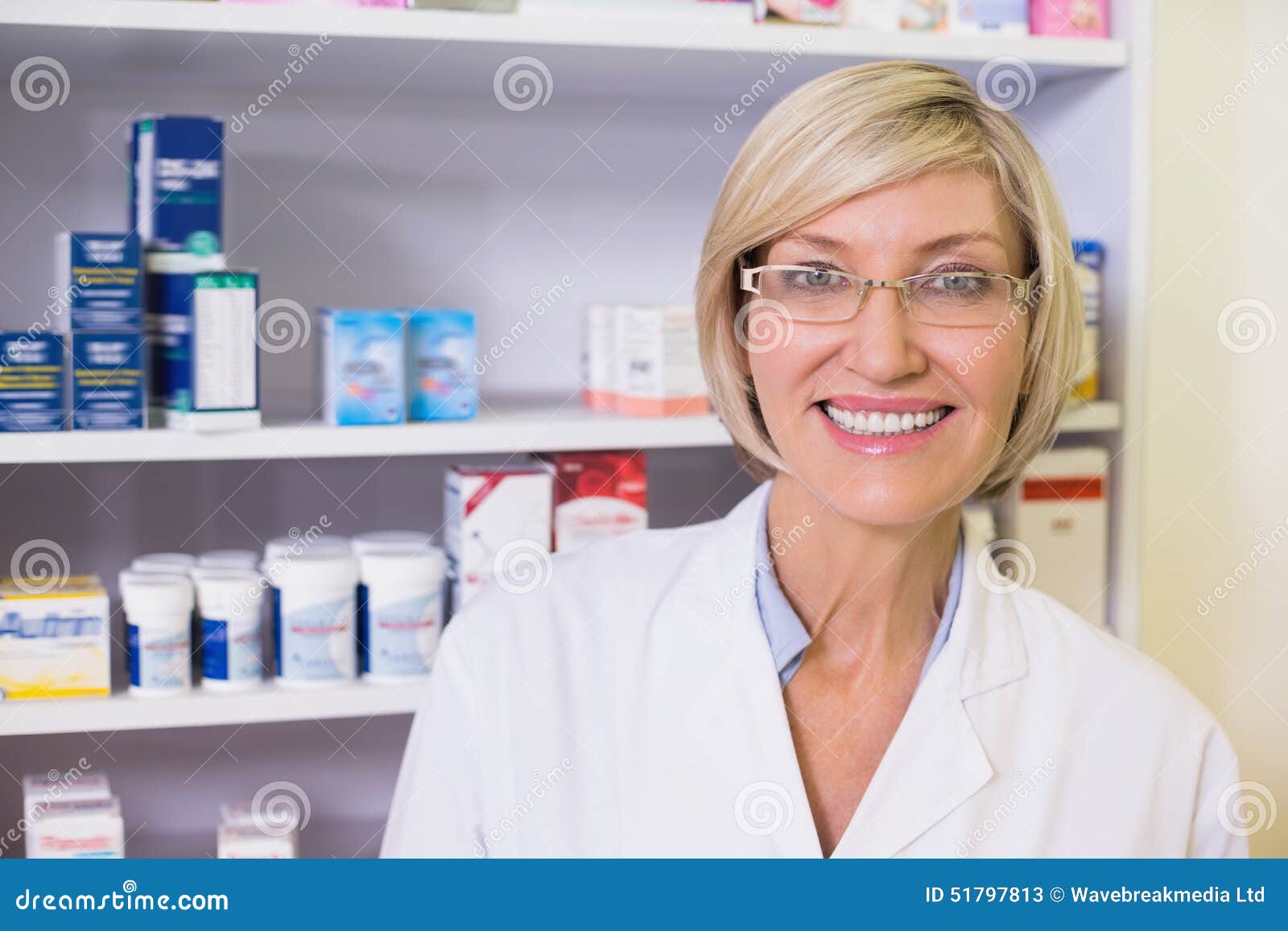 Smiling Pharmacist in Lab Coat Looking at Camera Stock Image Image of