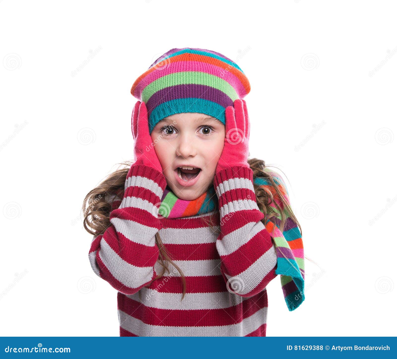 Smiling Pretty Little Girl Wearing Colorful Knitted Scarf, Hat and ...