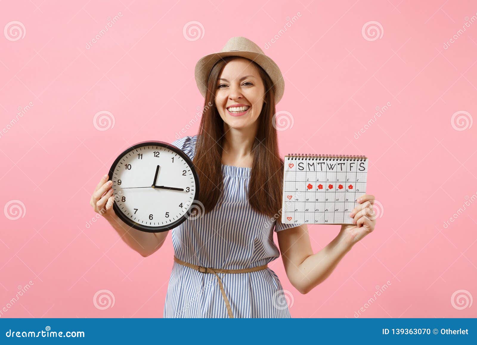 Smiling Pretty Woman In Blue Dress Hat Holding Round Clock Periods