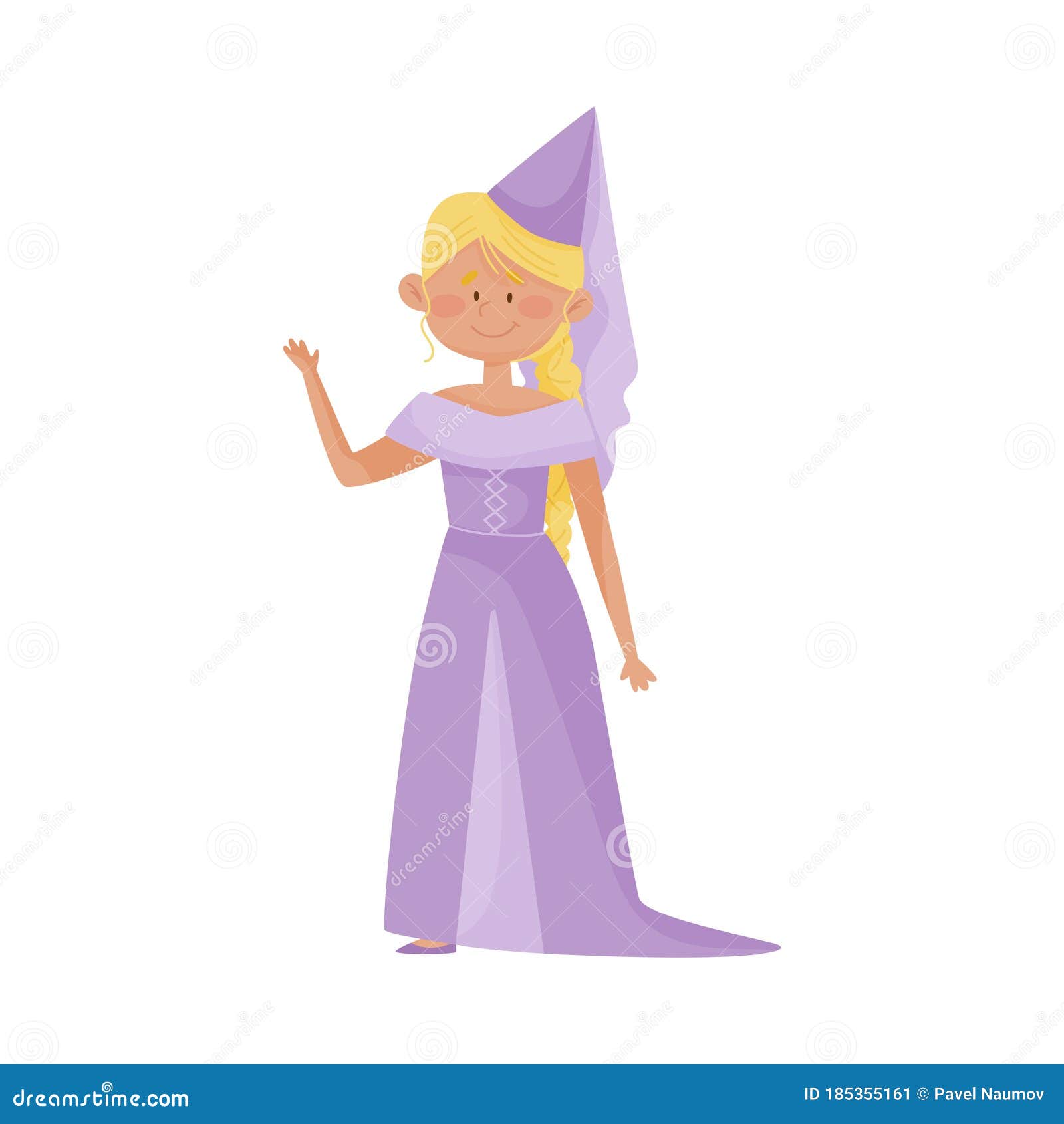 Smiling Princess With Blonde Hair Wearing Cone Shaped Hat And Dressy Look Garment Vector 