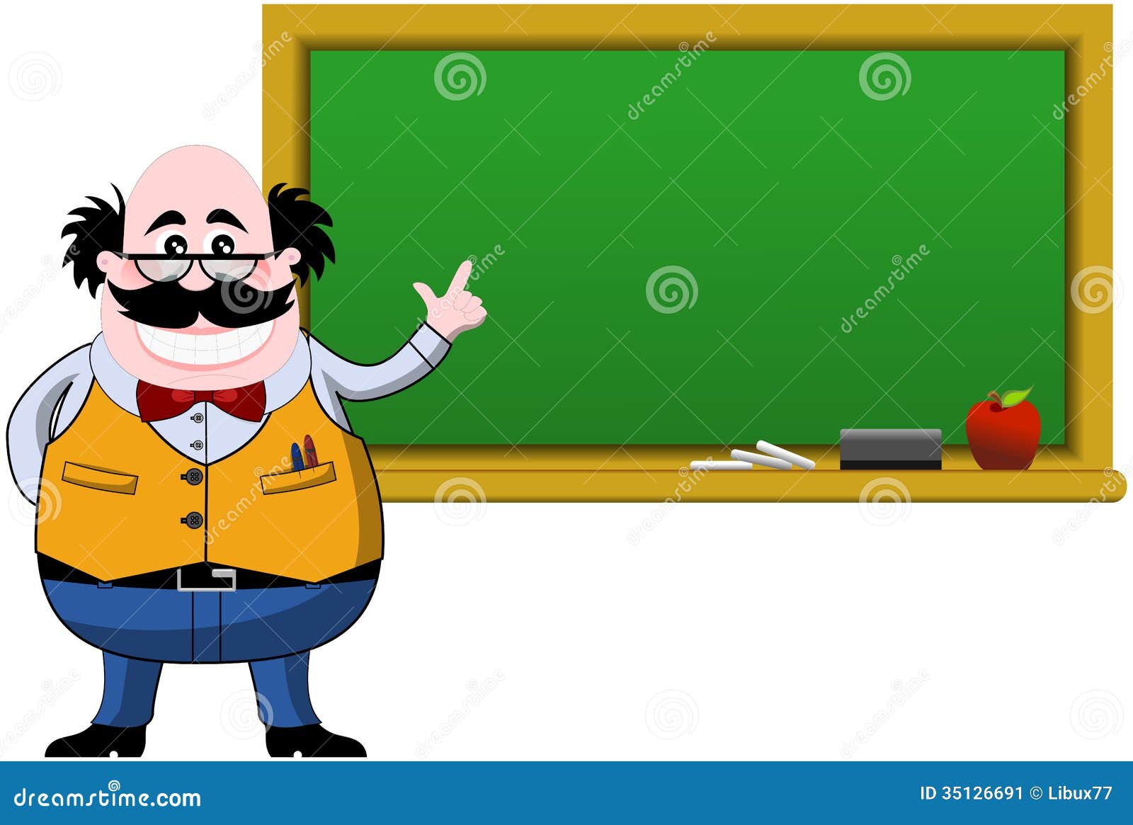 smiling professor indicating blank blackboard