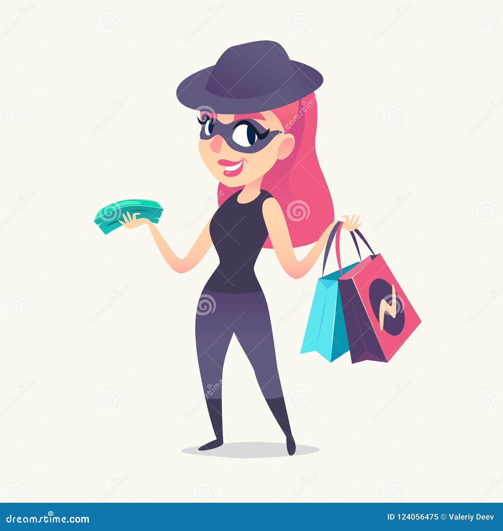 smiling redhead spy female as mystery shopper in mask, black hat and dark suit, with purchases and money in hands.