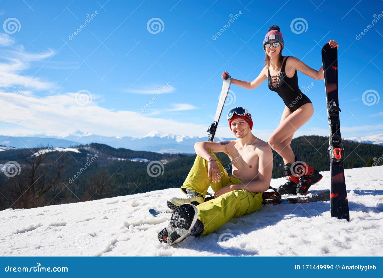 Female Skier In Sports Bra Lifting Up Pair Of Ski Stock Image Image Of  Alps, Glasses: 92144041